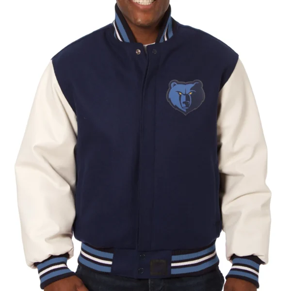 Memphis Grizzlies Two Tone Wool and Leather Navy Blue and White Varsity Jacket