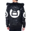 Men's 8 Ball Color Block Black & White Hooded Bomber Genuine Leather Jacket
