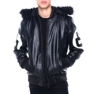 Mens 8 Ball Black Hooded Bomber Leather Jacket