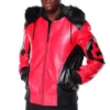 Men's 8 Ball Color Block Red & Black Hooded Bomber Real Leather Jacket