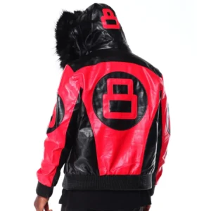Men's 8 Ball Color Block Red & Black Hooded Bomber Top Grain Leather Jacket