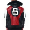 Men's 8 Ball Color Block Robert Phillipe Red Fur Hooded Bomber Genuine Leather Jacket