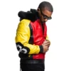Men’s 8 Ball Color Block Yellow Genuine Leather Jacket with Removable Fur Hood