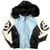 Men's 8 Ball Vintage Color Block Sky Blue Hooded Bomber Genuine Leather Jacket