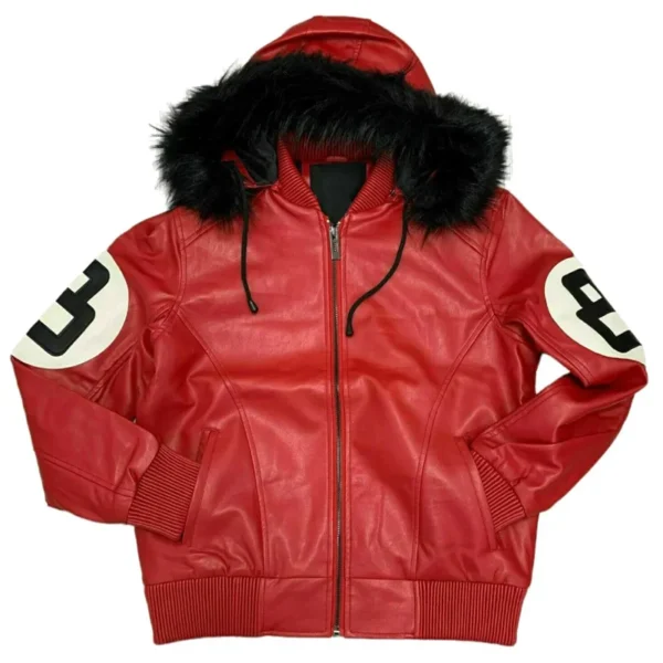 Men's Eight Ball Classic Red and Black Faux Fur Hooded Leather Jacket