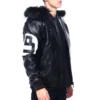 Men's Eight Ball Color Block Black Hooded Bomber Leather Jacket