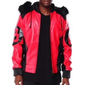 Men's Eight Ball Color Block Red Hooded Bomber Real Leather Jacket