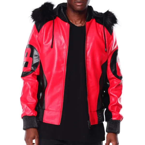 Men's Eight Ball Color Block Red Hooded Bomber Real Leather Jacket