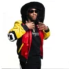 Men’s Eight Ball Color Block Yellow and Red Fox Fur Hooded Leather Jacket