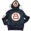 Men's Eight Ball Navy Blue and White Faux Fur Hooded Leather Jacket