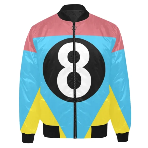 Men's Eight Ball Satin Printed Blue and Pink Bomber Jacket