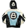 Men's Eight Ball Vintage Color Block Sky Blue and off white Hooded Bomber Leather Jacket