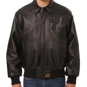 Men's Philadelphia Phillies Full Black Bomber Varsity Real Leather Jacket