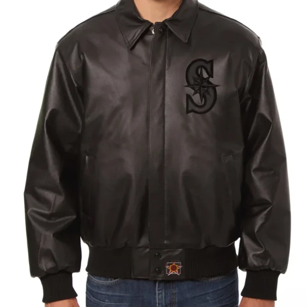 Men's Seattle Mariners Full Black Bomber Varsity Leather Jacket