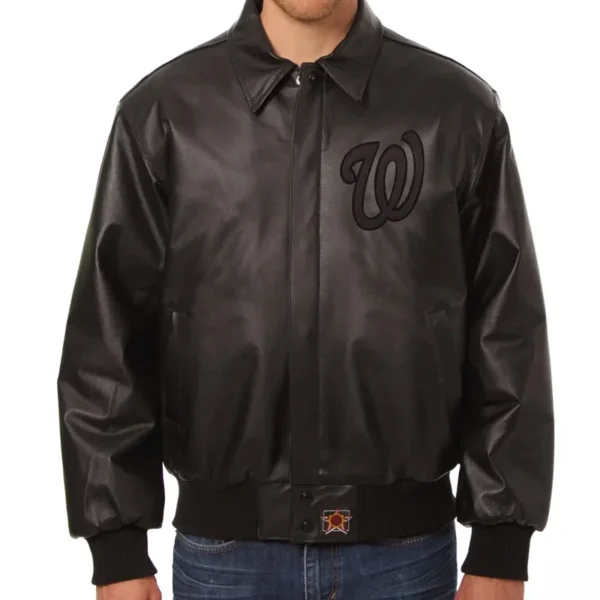 Men's Washington Nationals Big logo Full Black Bomber Varsity Leather Jacket