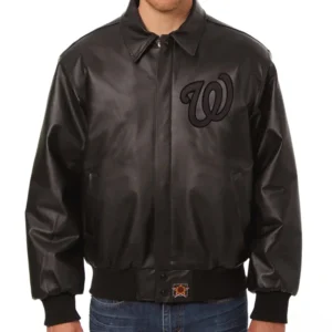 Men's Washington Nationals Full Black Bomber Varsity Leather Jacket