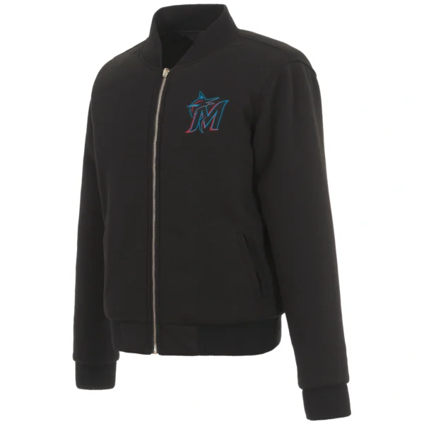 Miami Marlins Baseball Team Players Full-Zip Black Wool Varsity Jacket