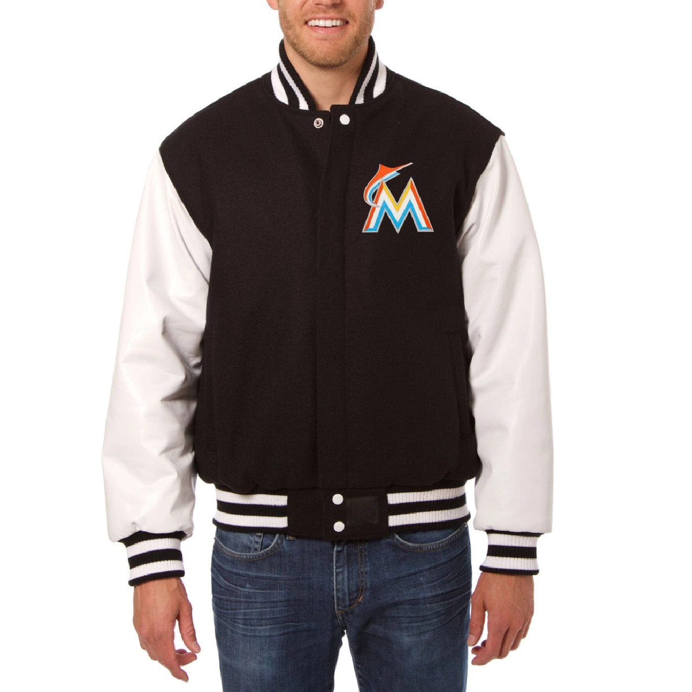 Miami Marlins Domestic Two Tone Wool & Leather Varsity Jacket