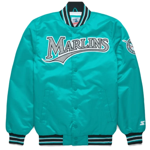 Miami Marlins Homage Bomber Full-Snap Satin Varsity Jacket