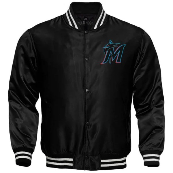 Miami Marlins Locker Room Full-Snap Black Satin Varsity Jacket