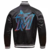 Miami Marlins Script Tail Men’s Black Satin Varsity Jacket 1