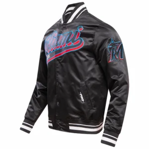 Miami Marlins Script Tail Men’s Black Satin Varsity Jacket 2