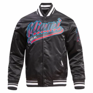 Miami Marlins Script Tail Men’s Black Satin Varsity Jacket