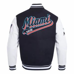 Miami Marlins Script Tail Men’s Rib Wool & Leather Varsity Jacket 3
