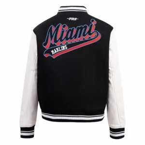 Miami Marlins Script Tail Women’s Wool & Leather Varsity Jacket 1