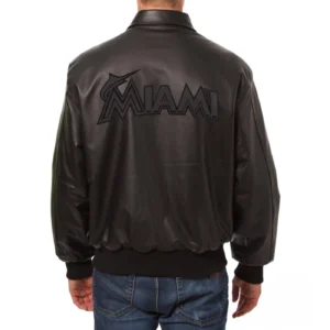 Miami Marlins Shirt Collar Black Leather Varsity Jacket 1