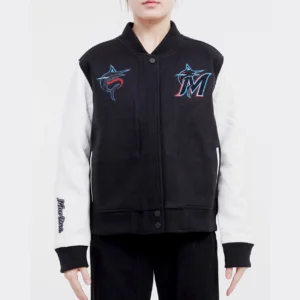 Miami Marlins Women’s Classic Wool & Leather Varsity Jacket Black & White