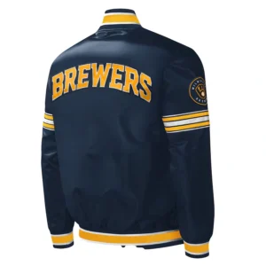 Milwaukee Brewers Midfield Full-Snap Satin Varsity Navy Jacket 1