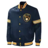 Milwaukee Brewers Midfield Full-Snap Satin Varsity Navy Jacket