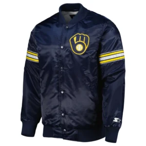 Milwaukee Brewers Pick & Roll Full-Snap Satin Varsity Navy Jacket