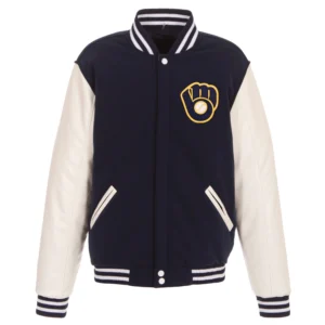 Milwaukee Brewers Two Tone Fleece & Faux Leather Varsity Jacket