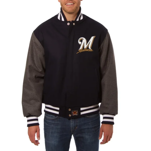 Milwaukee Brewers Two Tone Handcrafted Logo BlackGray Wool Jacket