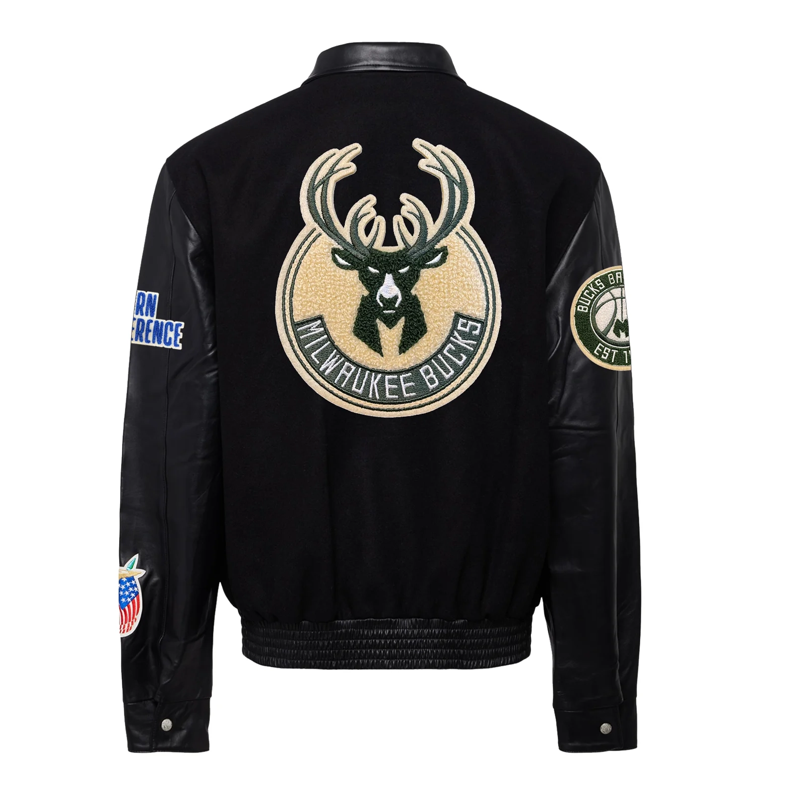 Milwaukee Bucks Black Wool and Leather Varsity Jacket 1