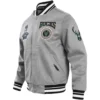 Milwaukee Bucks Crest Emblem Full-Snap Wool Grey Varsity Jacket