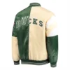 Milwaukee Bucks Leader Cream and Green Varsity Jacket 1