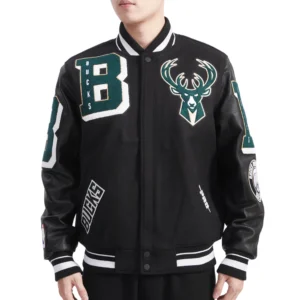 Milwaukee Bucks Mashup Black Wool and Leather Varsity Jacket