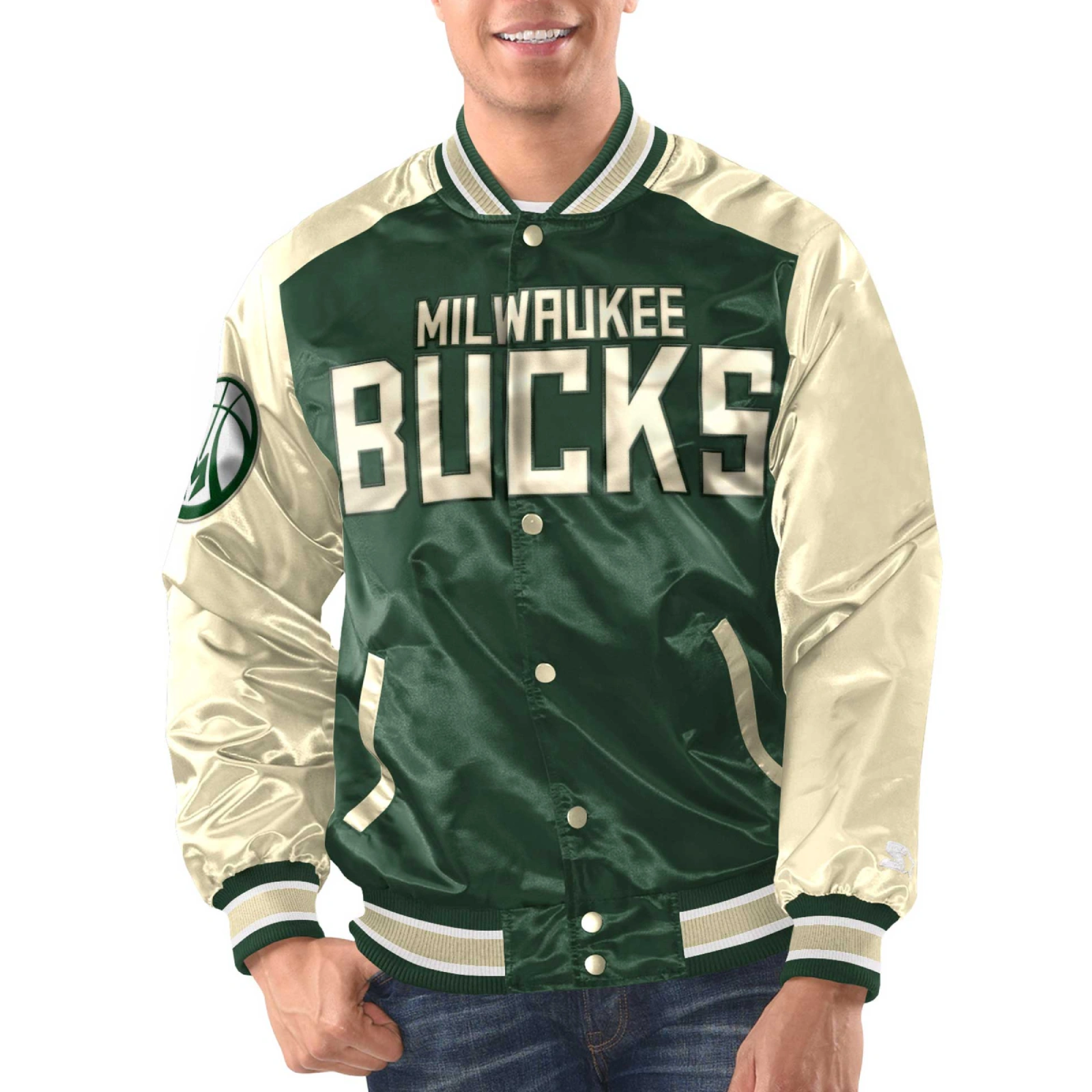 Milwaukee Bucks Renegade Green and Cream Varsity Jacket