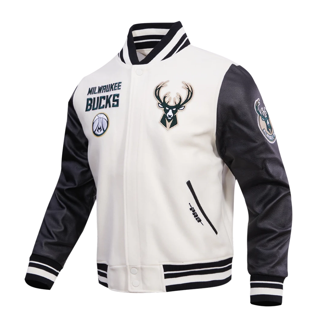 Milwaukee Bucks Retro Classic White and Black Wool and Leather Varsity Jacket 1