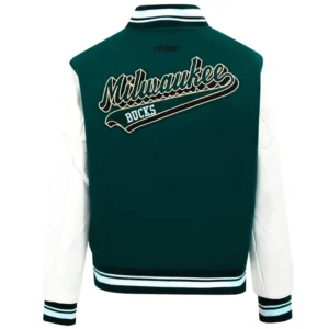 Milwaukee Bucks Script Tail Green Wool Varsity Jacket 3
