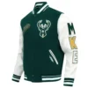 Milwaukee Bucks Script Tail Green and White Wool and Leather Varsity Jacket 1