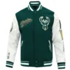 Milwaukee Bucks Script Tail Green and White Wool and Leather Varsity Jacket