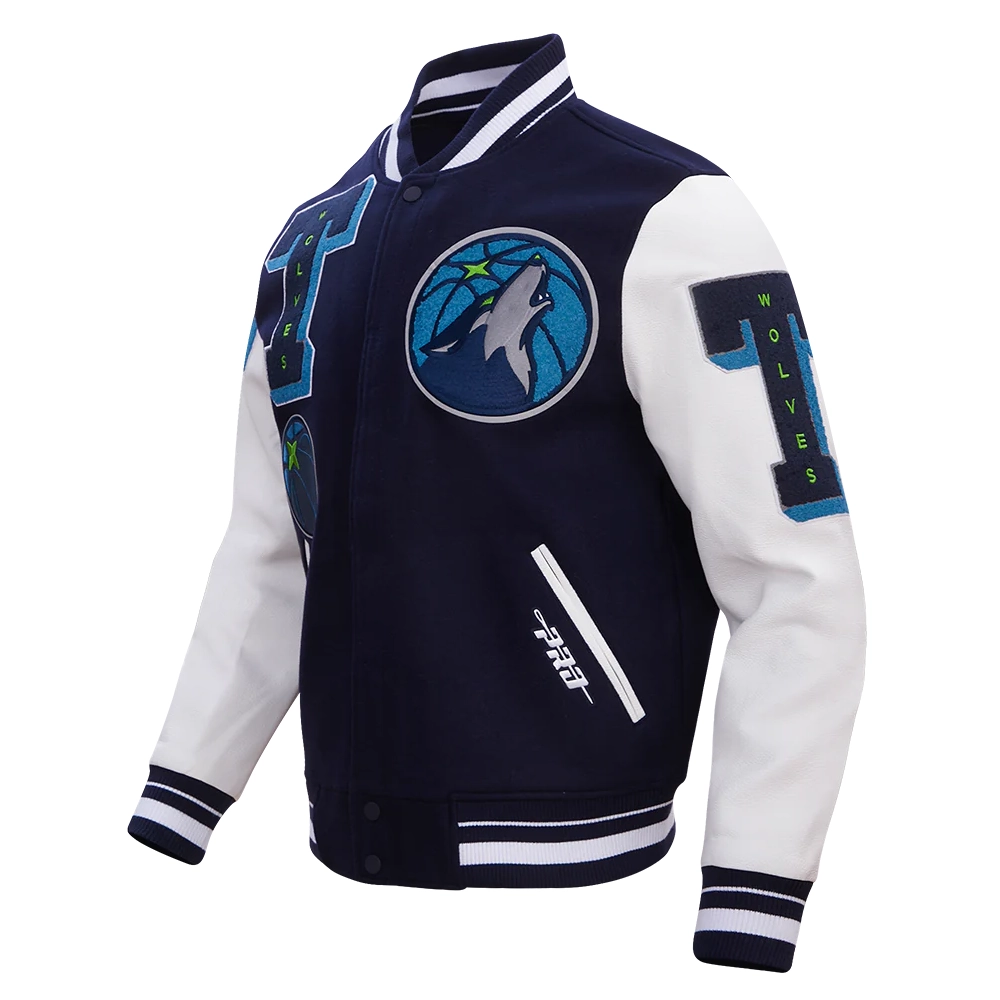 Minnesota Timberwolves Mashup Wool and Leather Navy Blue and White Varsity Jacket 1