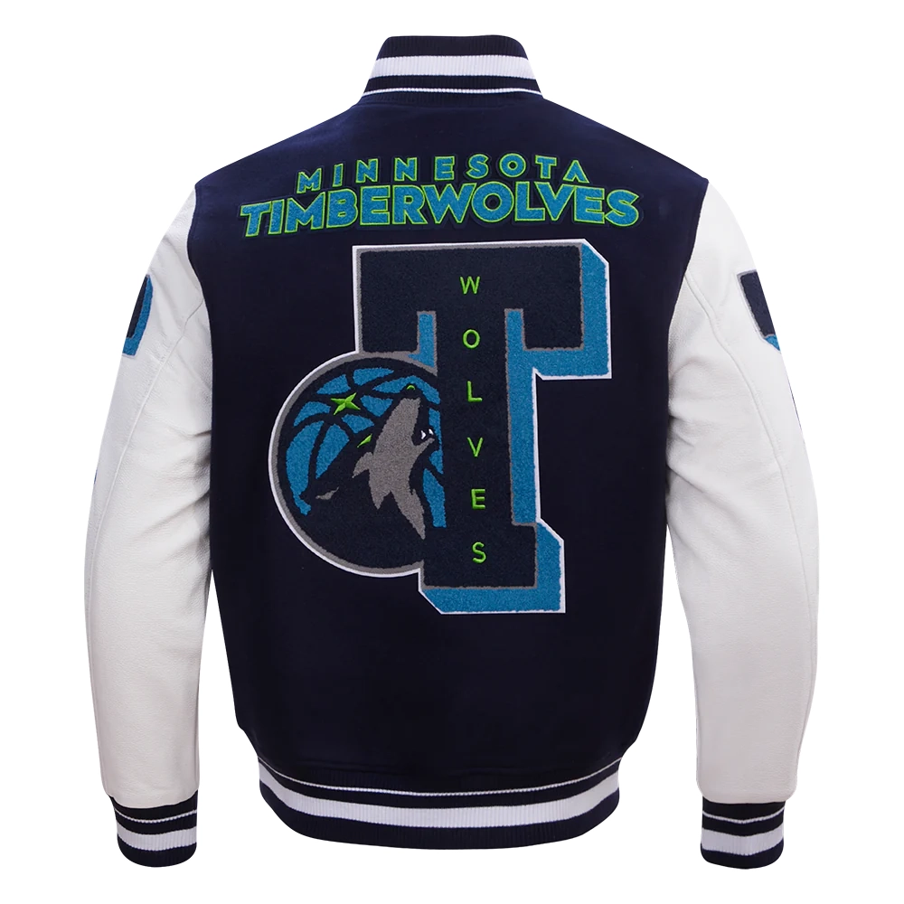 Minnesota Timberwolves Mashup Wool and Leather Navy Blue and White Varsity Jacket 2