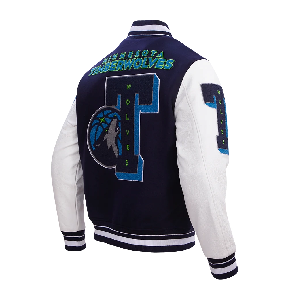 Minnesota Timberwolves Mashup Wool and Leather Navy Blue and White Varsity Jacket 3