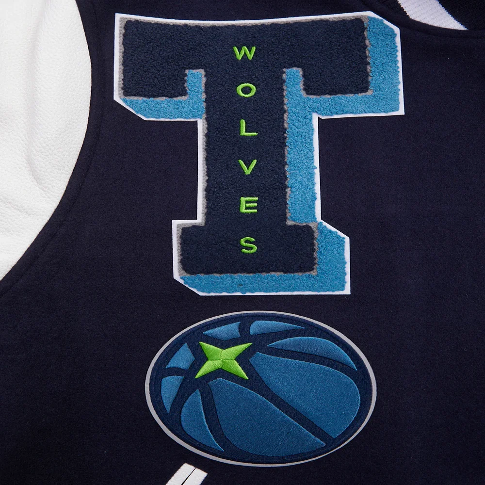 Minnesota Timberwolves Mashup Wool and Leather Navy Blue and White Varsity Jacket 5