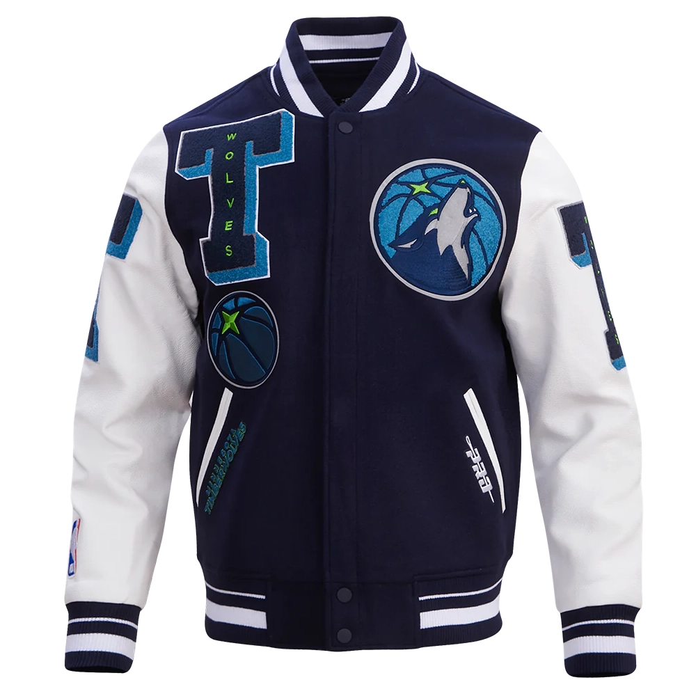 Minnesota Timberwolves Mashup Wool and Leather Navy Blue and White Varsity Jacket